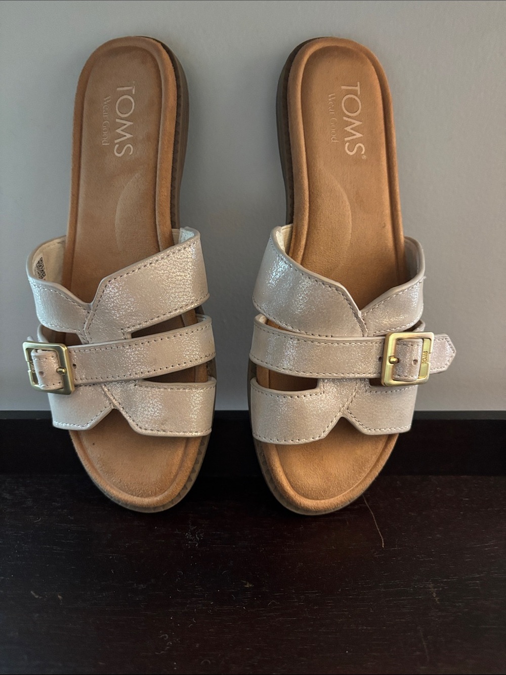 TOMS Metallic Ivory Buckle Slide Sandals